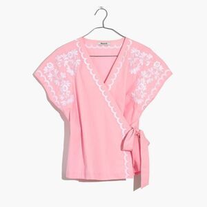 Madewell Pink Embroidered Side Tied Wrap Top Blouse Cotton Size S ?